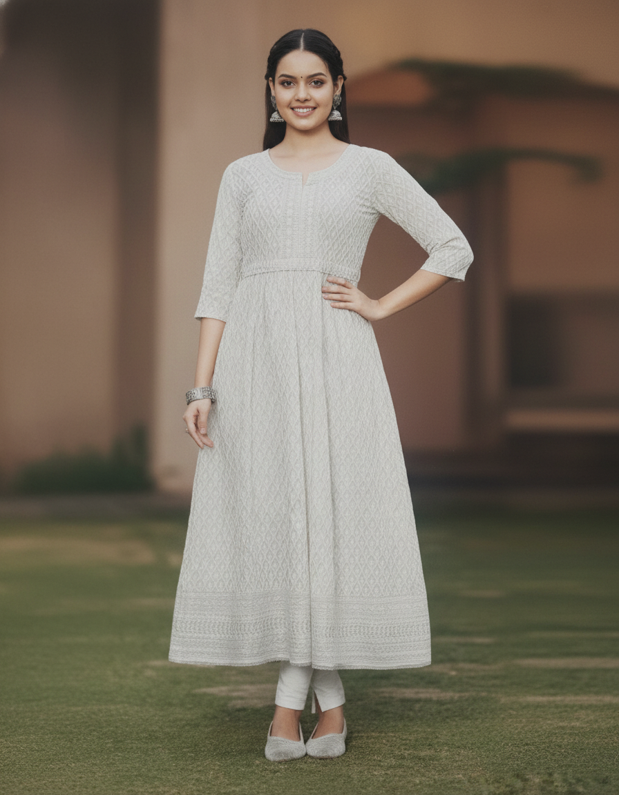 Office white colour chikankari long top